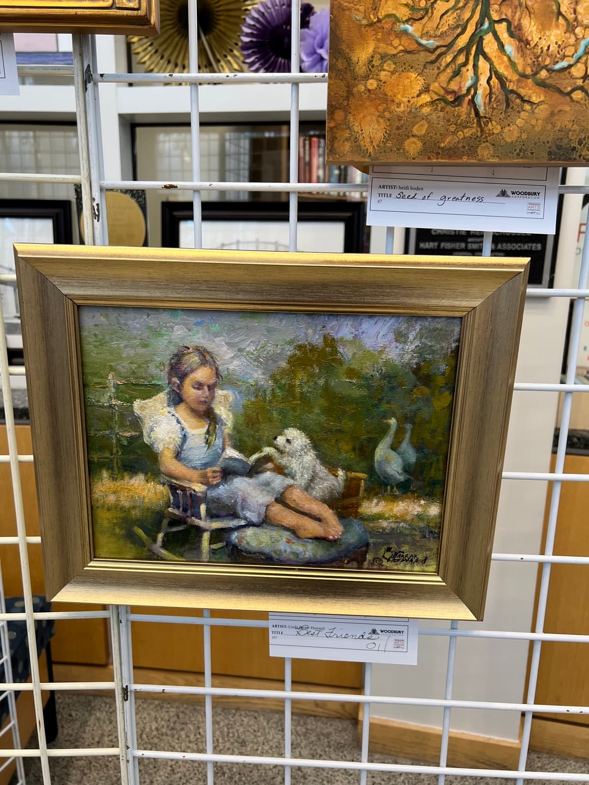Impressionist oil painting background with a pastoral figure, sheep, and swans
